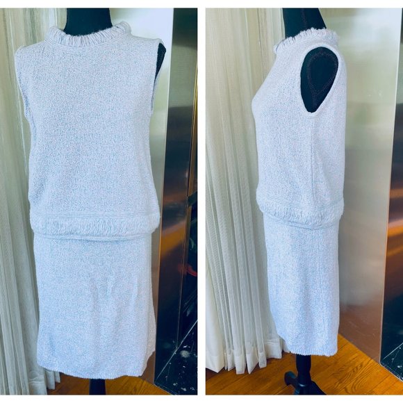 Vintage 60s two pieces set, pink and blue wool sleeveless top and straight skirt - Picture 1 of 7